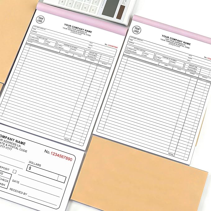 Custom Invoice Book with Logo 50 Set Personalized Receipt Books Customized Invoices for Small Business 3 - Parts Carbonless Duplicate Invoice Forms NCR Books