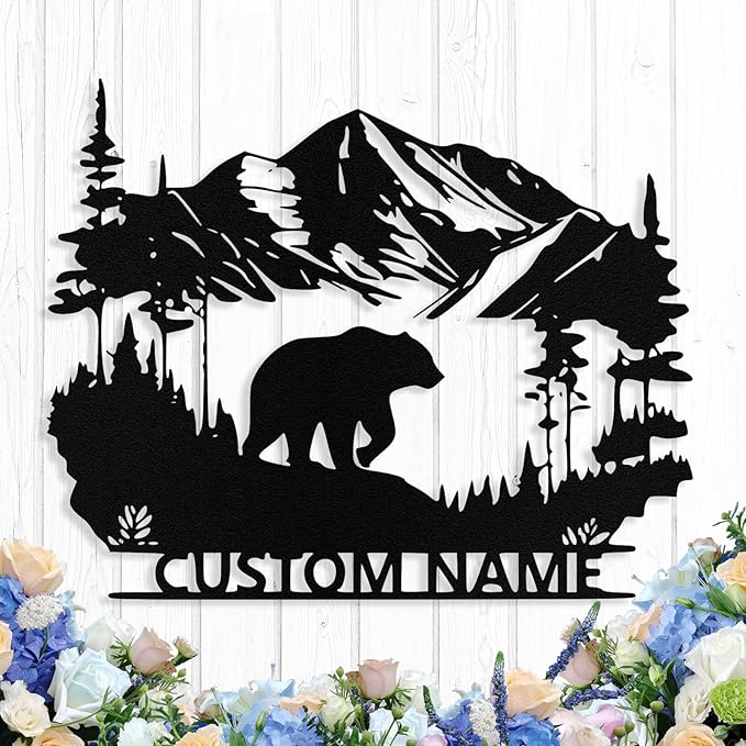 Custom Bear Metal Sign, Custom Bear Metal Wall Art Decor, Personalized Last Name Signs for Home, Rustic Farmhouse Black Wall Decor for Cabin, Bedroom, Living Room, Porch