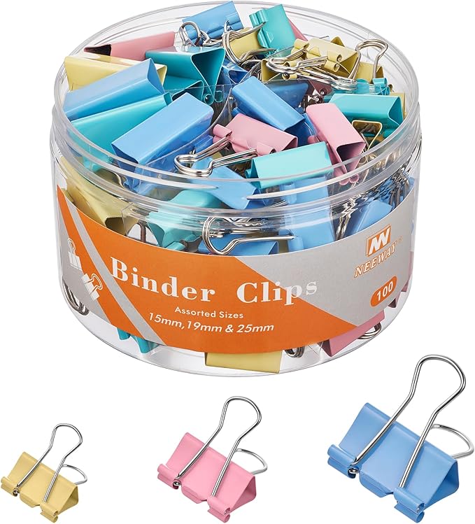 NEEWAY 100 Count Binder Clips Assorted Sizes, Paper Binder Clips (0.6inch 0.75inch 1inch), Metal Paper Clamps for Office and Home