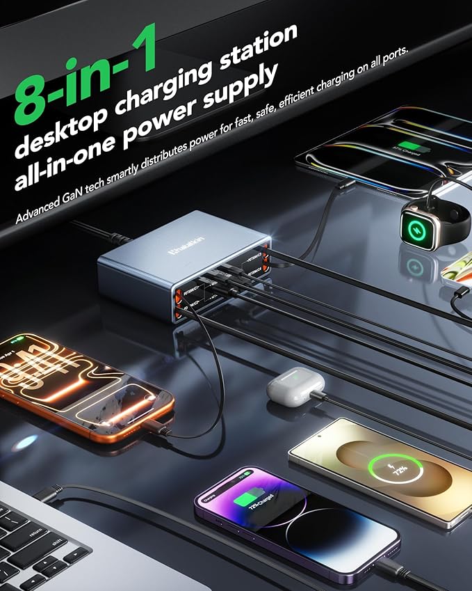 8-in-1 Retractable USB C Charger Block,105W Gan Usbc Fast Charging Station Hub for Multiple Devices,4 Retractable Cables,Type C Wall Charger Plug for iPhone 17 Pro/17/16/15/14/13/12,Galaxy,Pixel,iPad