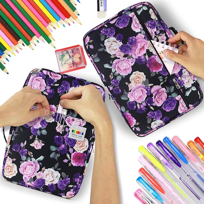 YOUSHARES Big Capacity Colored Pencil Case - 300 Slots large Pen Case Organizer with Multilayer Holder for Prismacolor Colored Pencils & Gel Pen (Purple Pink Rose)