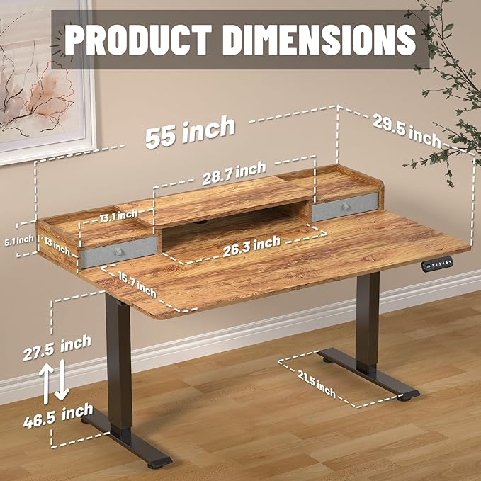 ExaDesk 55 x 30 Inch Electric Standing Desk with 2 Drawers, Adjustable Height Widened Stand Up Desk with Storage, Sit to Stand Ergonomic Workstation for Home Office, Light Rustic