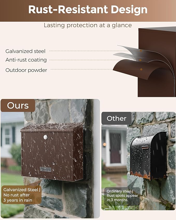 LAND·VOI Locking Wall-Mount Mailbox for Outside, with 4 Keys, Galvanized Steel Rustproof Metal Postbox, 4" Dx13.8 Wx11.2 H, Includes 3 Sets of Mailbox Numbers, Nameplate, Bronze