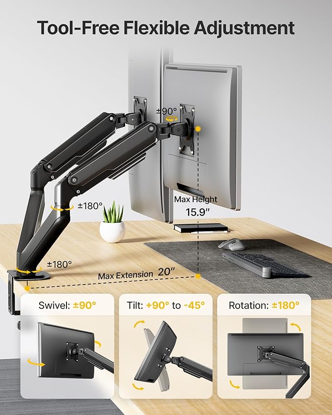 monTEK Dual Monitor Stand for Desk, 17-32 Inch Mechanical Spring Dual Arm, Heavy Duty Steel Adjustable Monitor Mount, Full Motion VESA 75x75/100x100, C-Clamp & Grommet, Holds Up to 20 lbs Each