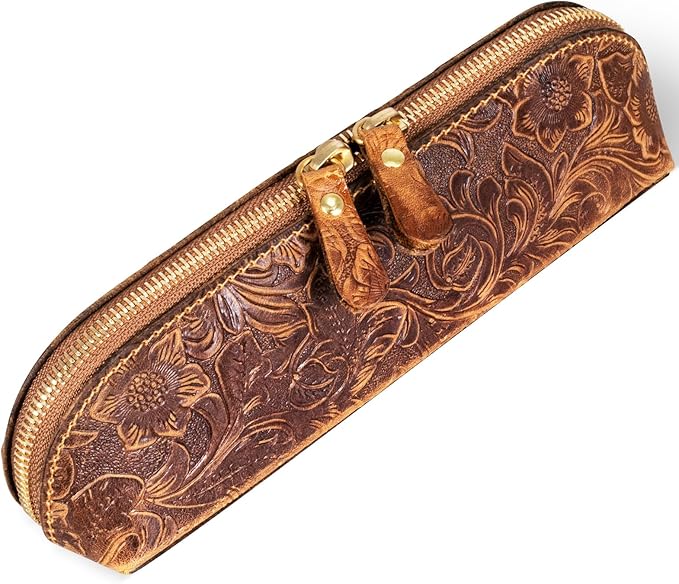 Gexmil Genuine Leather Pen Case, Full Grain Leather Pencil Holder, Hand-made Stationery Bag for Work & Office, Vintage Style, Floral Brown