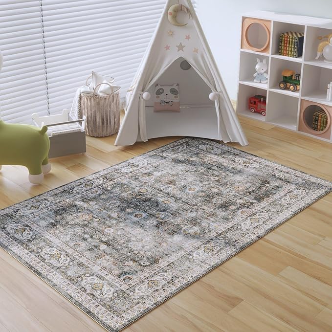 Rugcomf Area Rug 4x6 Rug Washable Boho Rugs Non Slip Low Pile Soft Floral Small Carpet for Bedroom, Bedside, Kids Room, Office, Dining Room(Grey)