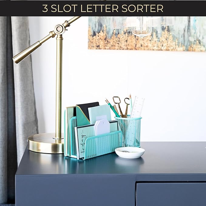 BLU MONACO Aqua Metal Mesh Letter Sorter for Desk| Modern Desk Organizer | Space-Saving Vertical Mail Holder | Office & Home Paper Organizer | Outgoing Mail Holder