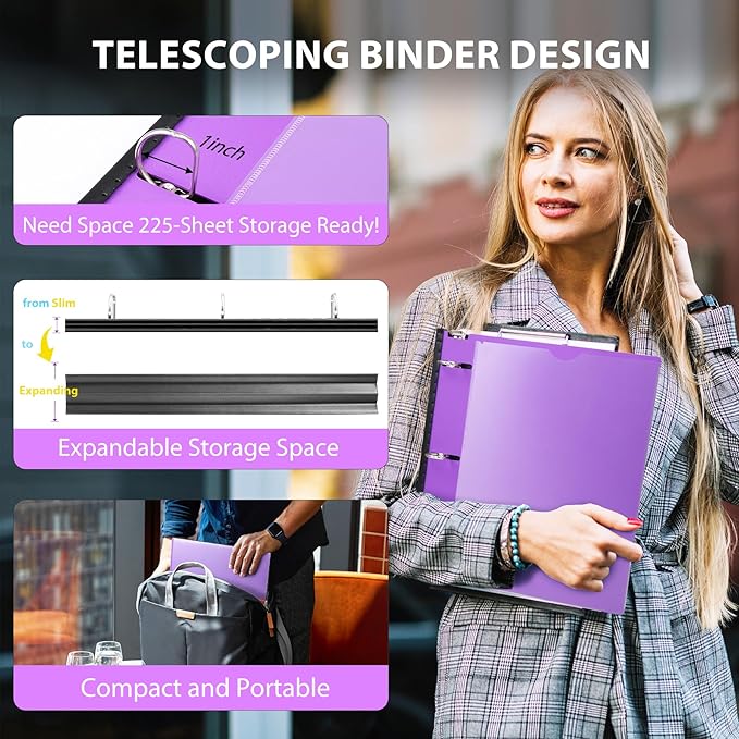 WOT I 1 Inch Telescoping 3 Ring Binder 4 Pack, Expandable Flexible Binder with Customizable Front Cover & Clear Catalog Pocket, Holds 225 Sheets, Assorted Colors, School Office Supplies