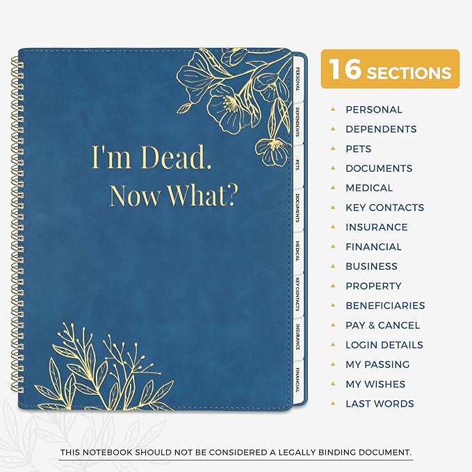SUNEE End of Life Planner - I‘m Dead Now What Planner, Large Print Spiral-Bound Estate Organizer with Tabs for Seniors & Family. Covers Final Wishes, Passwords & Funeral Planning.A4（9"x11.2"), Blue