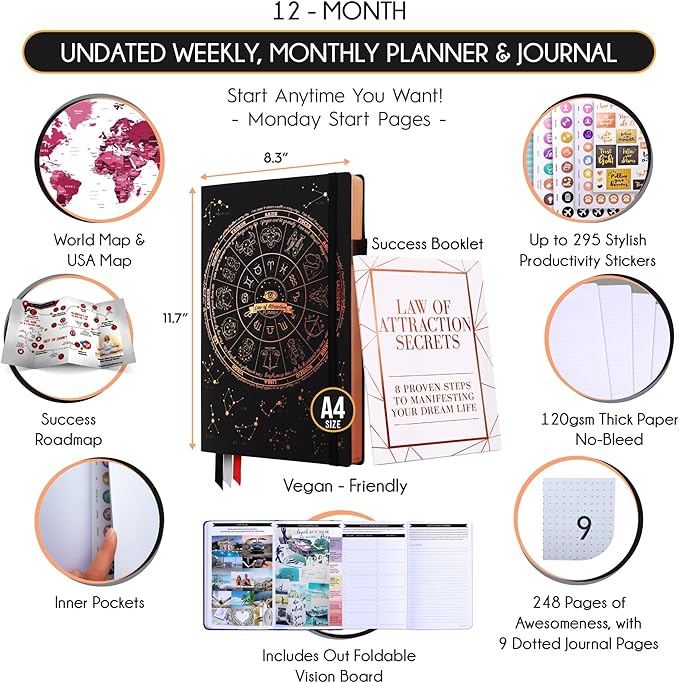 Life Planner - Undated Weekly & Monthly Planner, 12-Month Journey to Increase Productivity | Gratitude Journal, Life Organizer & Goal Journal | Include Foldable Vision Board, Habit Tracker & Stickers