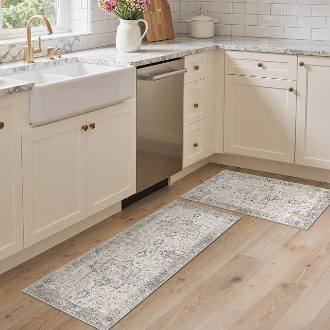 GENIMO Runner Rug 2PCs, Machine Washable Non Slip Vintage Hallway Runner Rug 17.3"x47"+17.3"x30", Low Pile Lightweight Rugs for Indoor Entryway, Hallway, Kitchen and Corridor, Light Taupe Brown