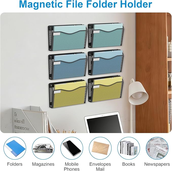 BOHDK Magnetic Wall File Holder 3-Pack - Mesh Organizer with Strong Magnets for Office, Home & School - Space Saving Black Document Organizer