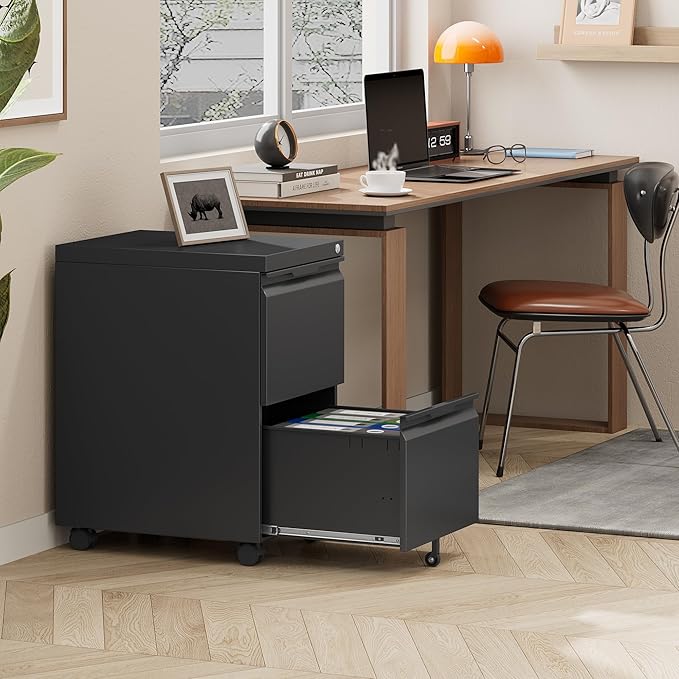 LONGLINK 2 Drawer Mobile File Cabinet with Lock,Under Desk Metal Filing Cabinets with Wheels for Home Office Organizer Letters/Legal/A4(Easy Assemble-Black)
