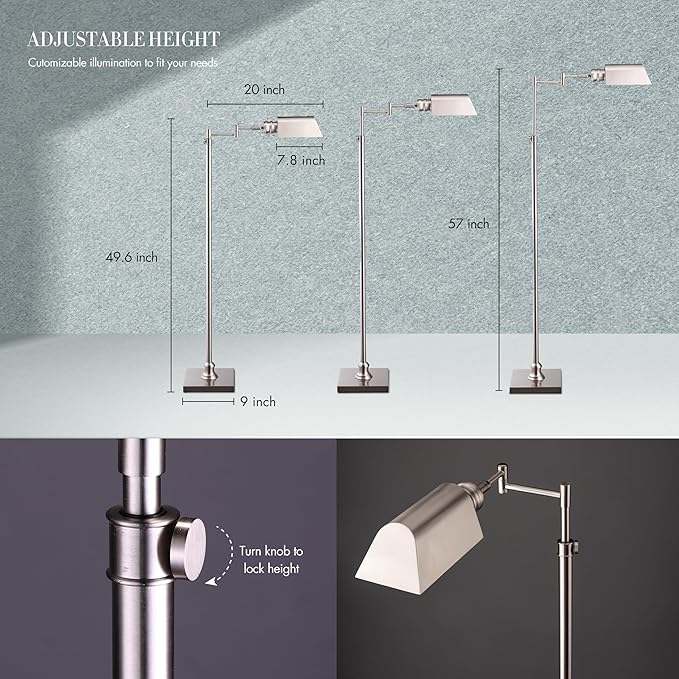 O’Bright Arcadia - Pharmacy Floor Lamp, Full Range Dimming, Swing Arm Task Lamp, E26 Socket, Bulb Replaceable, Adjustable Height 47” to 55”, 360° Rotatable Shade, All-Metal Design, Brushed Nickel