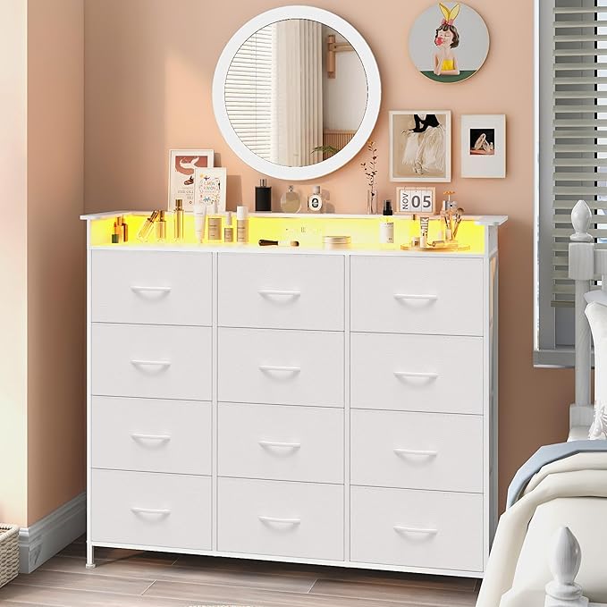 Welfuturer White Dresser with LED Lights and Charging Station for Bedroom 12 Drawers Dressers & Chest of Drawers Tall Dressers for Hallway Entryway Closets Living ROM Sturdy Steel Frame Wood Top