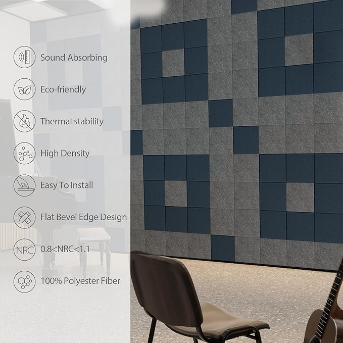 Amantech 12 Pack Acoustic Panels Self Adhesive Sound Proof Foam, High Density Sound Acoustic Panel, 12X12X0.4 Inch Square Panels in Home, Office, Reccording Room, Studio,and more(Dark Blue)