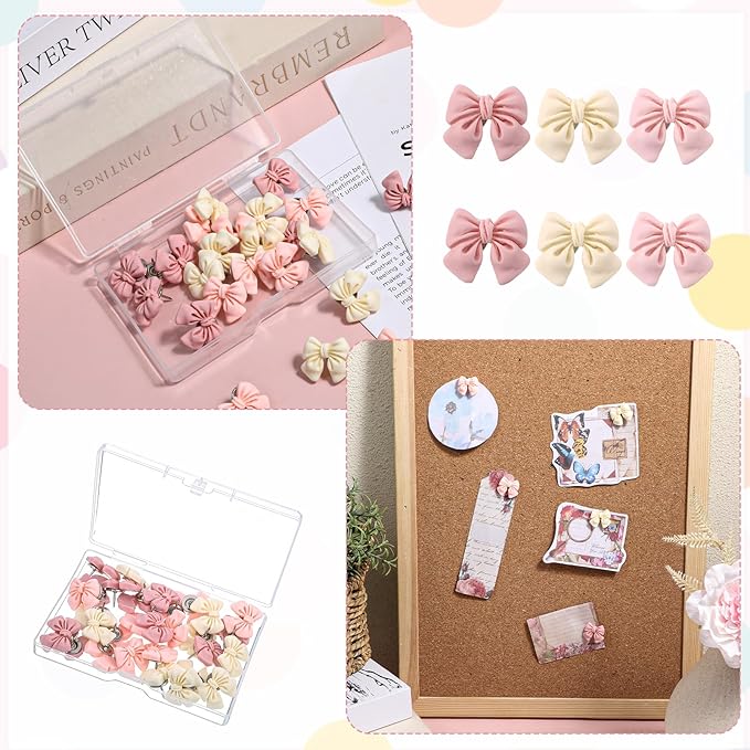 30 Pcs Bow Push Pins, Cute Bow Push Pins, Pink and Cream Yellow Decorative Thumb Tacks for Cork Board, Bulletin Board, Photo Wall, Posters, Map, Office, School Decor (Bows)