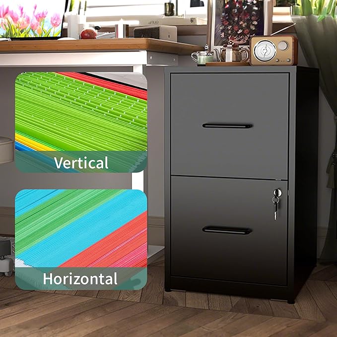 FLIXELIO 2 Drawer File Cabinet with Lock,Metal Vertical Filing Cabinets for Home Office,Heavy Duty File Storage Cabinet for Letter/Legal/A4/F4 Size File,Assembly Require (Black, Vertical 2 Drawer)