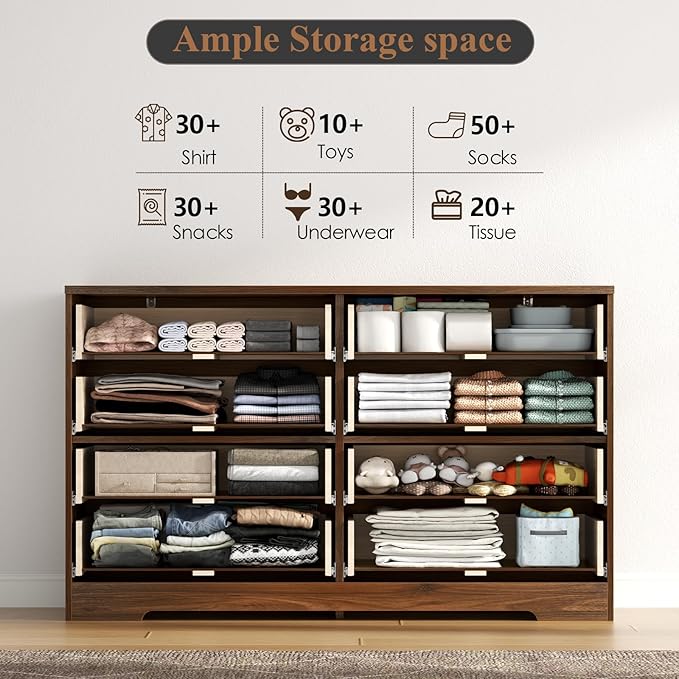 8 Drawer Dresser for Bedroom, Modern Double Dresser, 48" Wide Chest of Drawers with Anti-Tipping & Metal Handles, Mid Century Wooden Storage TV Stand, Closet Dresser for Living Room, Entryway, Walnut