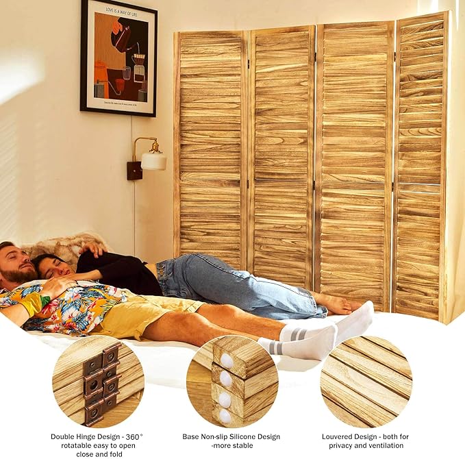 Room Dividers and Folding Privacy Screens, Wood Louvered Separators Divider Wall for Home Office Bedroom - 4 Panels, 67 * 60inch (Wood)