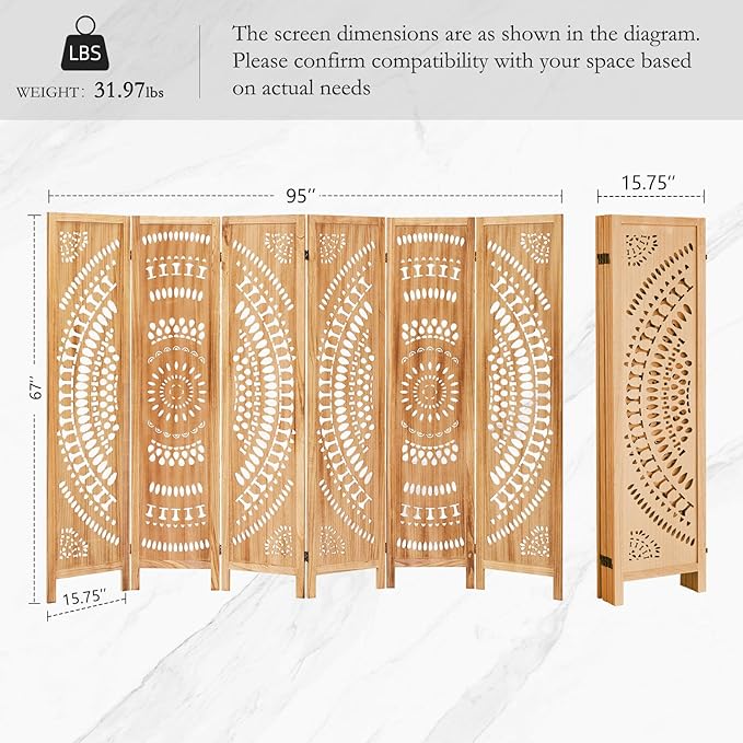 ALeesing 6 Panel Wood Room Divider Fully Assembled, Decorative Room Dividers and Folding Screens, 5.6Ft Room Divider Screen Freestanding Partition Wall Dividers for Home Bedroom Office, Light Brown