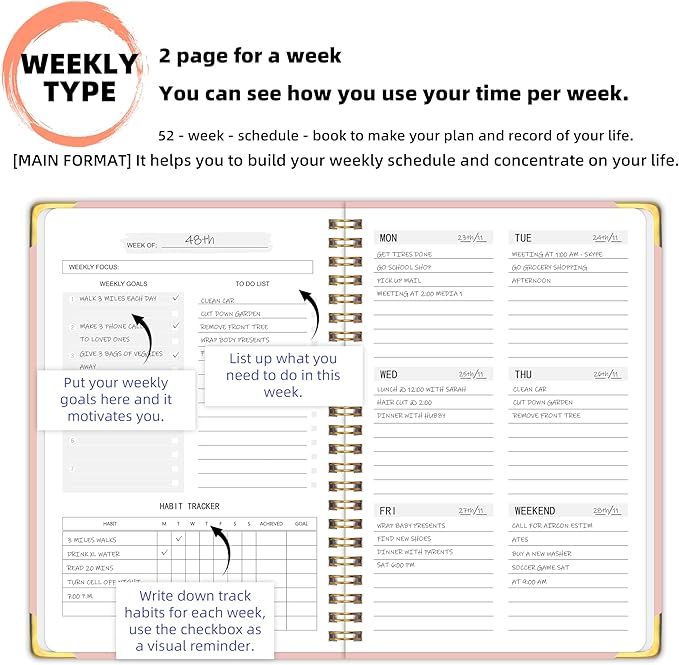 Undated Weekly Planner with Metal Corner Hardcover Notebook , A5 Size Journal with To Do List Planner, Habit Tracker,Weekly Goals for ADHD,Student, Office, Women, Men ,Gifts,6 x 8 inches，Spiral Bindding ,Pink