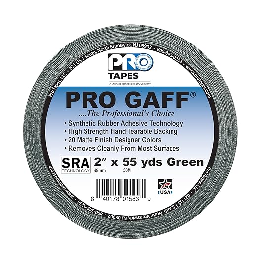 ProTapes Pro Gaff Premium Matte Cloth Gaffer's Tape With Rubber Adhesive, 11 mils Thick, 55 yds Length, 2" Width, Green (Pack of 1)