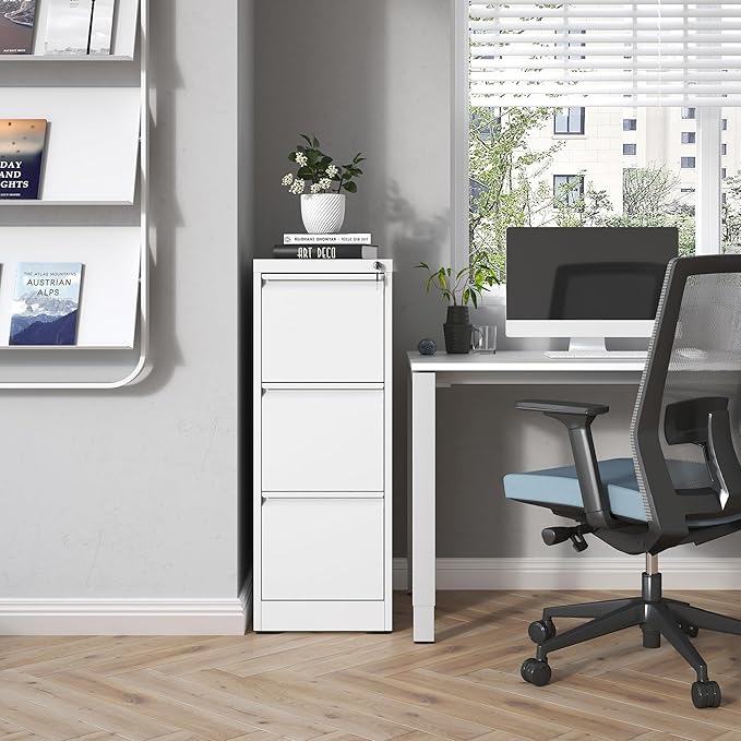 FLIXELIO 3 Drawer File Cabinet with Lock,Metal Vertical Filing Cabinets for Home Office,Heavy Duty File Storage Cabinet for Letter/Legal/A4/F4 Size File,Assembly Require (White, Vertical 3 Drawer)