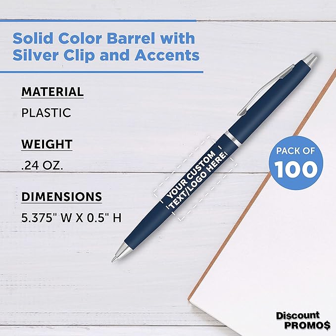 DISCOUNT PROMOS Custom Langham Ballpoint Pens Set of 100, Personalized Bulk Pack - Black Ink, Great for Office, School, Business, Tradeshows - Navy Blue