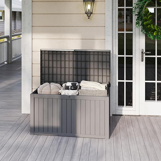 PATIOEASY Outdoor Storage Box 180GAL Waterproof Resin Deck Box,UV-Resistant Lockable Package Delivery Bin for Garden Tools,Large Patio Outside Cushions,Pool Accessories Supplies,Chest,Light Coffee