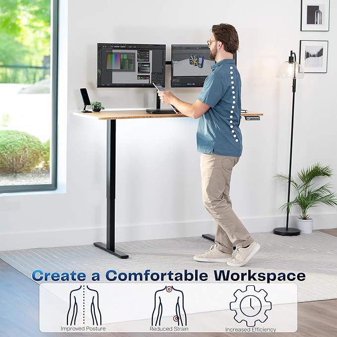 VIVO Electric 60 x 24 in Real Bamboo Standing Desk, Memory Height Adjustment, 1B Series, Holds 220 lbs, One-Piece Top, Black Frame, DESK-KIT-1B6O