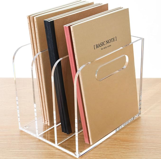 AIMOLLY Clear Acrylic Organizers - 3 Vertical Compartments Acrylic Folder Organizer & File Organizer, Desk Document Storage Bins for Magazines, Binders - Multipurpose Home Office Desk Organizer
