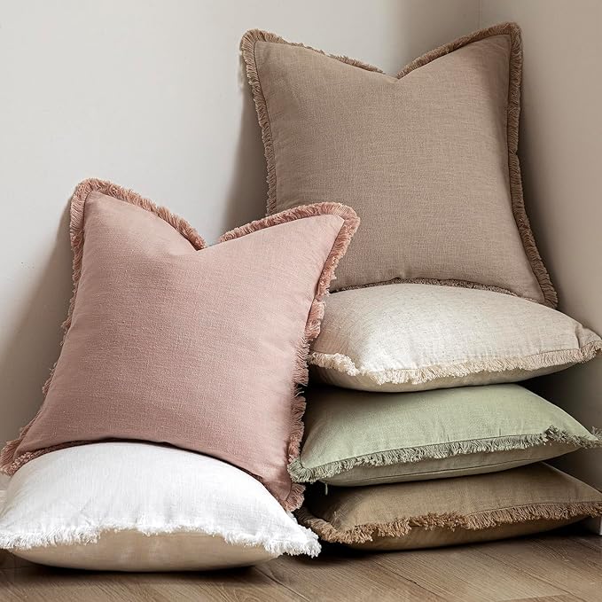 Foindtower Set of 2 Decorative Linen Fringe Throw Pillow Covers Boho Farmhouse Cushion Cover with Tassels Soft Accent Pillowcase for Couch Sofa Bed Living Room Home Decor,24×24 Inch,Light Sage Green