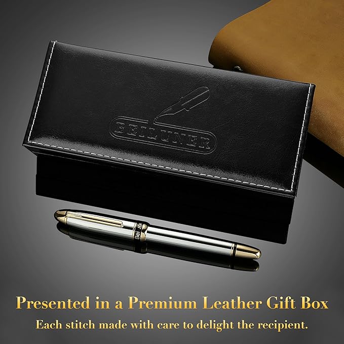 BEILUNER 315 Silver Chrome Fountain Pen,Stunning Luxury Pens with 24K Gold Accents, Gorgeous 24K Gilded Nib(Medium), Ink Converter,Fancy Pen Gift for Men&Women-Elegant, Office, Reliable, Nice Design