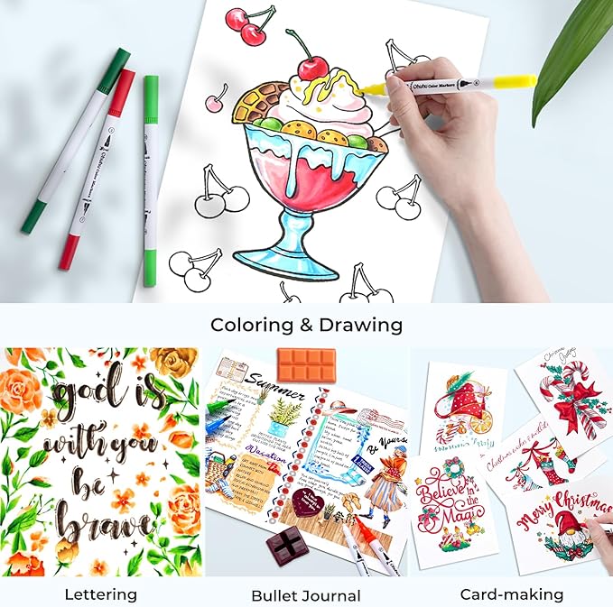Ohuhu Markers for Adult Coloring Books No Bleeding 100 Colors Coloring Markers Water-based Dual Tips Fineliner & Brush Drawing Pens Art Pens for Kids Adults Sketch Journal - Maui - White