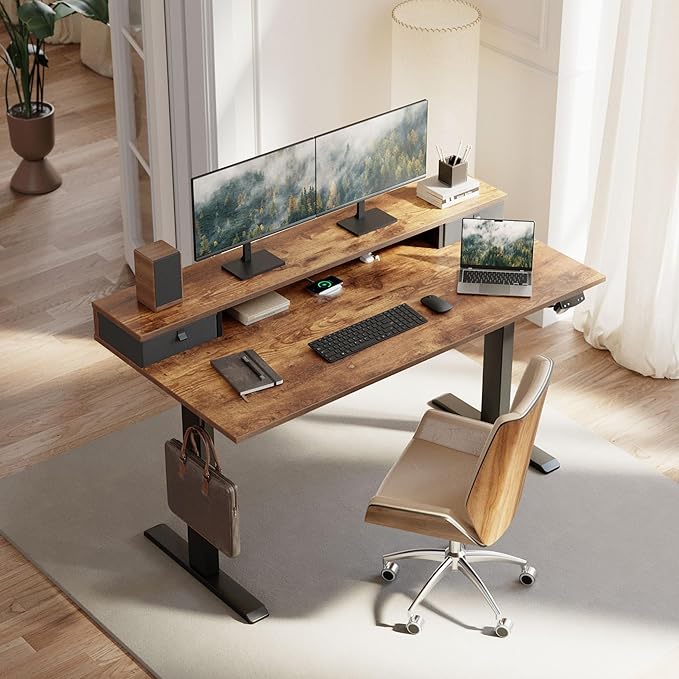 Klicelor 55 Inch Electric Standing Desk with Drawers, Adjustable Height Small Sit Stand Desk for Home Office, Compact Computer Workstation with Storage– Rustic Brown