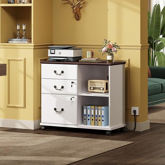 DEVAISE 3 Drawer File Cabinet,Wood Lateral Filing Cabinet with Lock & Charging Station,Rolling Printer Stand with Storage for Home Office,White