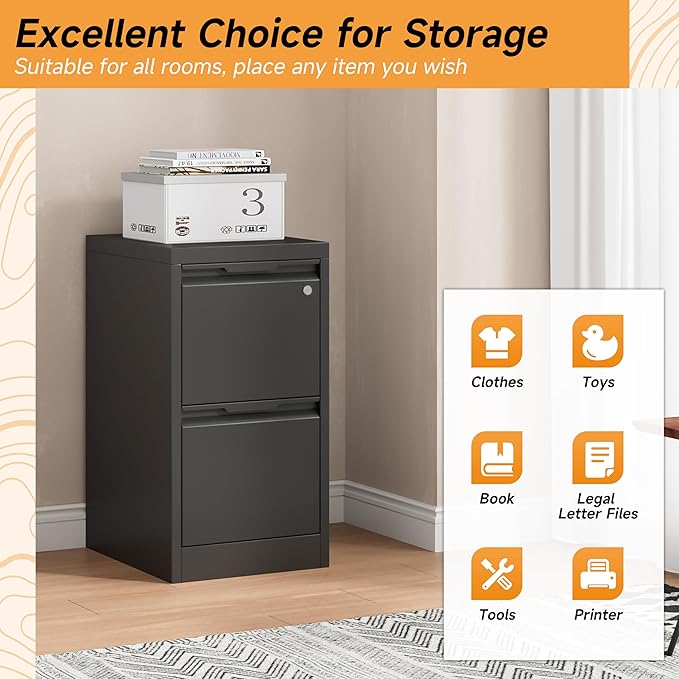 Bestoo 2-Drawer File Cabinet with Lock, Metal Filing Cabinet for Home Office, Vertical Filing Storage Cabinets, Fits File Folders, Letter/Legal/F4/A4 Size, Assembly Required (Black)