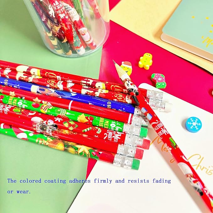 Jsehchya 72PCS Wooden cased Christmas Pencils for Kids with Erasers, Wood Pencils for School,Drawing,Gift (72PCS) (Christmas, 72)