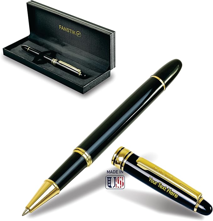 FANSTIK Customized RollerBall pen with name (MADE IN USA), stainless steel, black and gold, luxury engraved pen personalized for men and for women. (RollerBall Black-Gold)