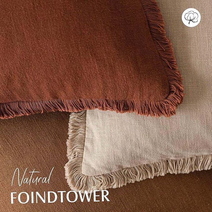 Foindtower Set of 2 Decorative Linen Fringe Throw Pillow Covers Boho Farmhouse Cushion Cover with Tassels Soft Accent Pillowcase for Couch Sofa Bed Living Room Home Decor,22×22 Inch,Orange Brown