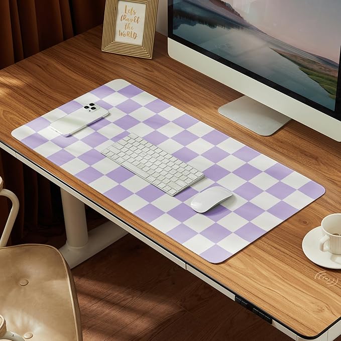 Ohocut Checkered Desk Mat, Large Cute Aesthetic Retro PU Leather Computer Laptop Desk Mat, Non-Slip Waterproof Mouse Keyboard Pad, Desk Writing Mat for Work/Home (Purple, 23.6" x 13.7")