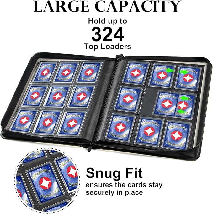 GEAoffice Side Loading 9 Pockets Top Loader Binder Holds 324 Cards, Waterproof PU Leather Trading Card Binder for Toploader, Card Collection Album Folder for MTG, TCG, Sports Cards, Green