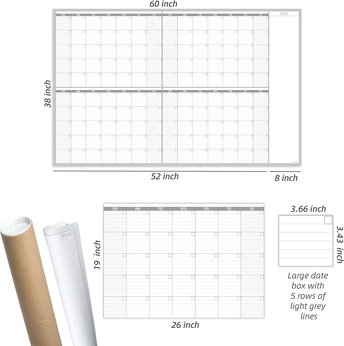 Large Dry Erase Wall Calendar 60" x 38" - Premium New Laminate - Blank Undated, Reusable & Erasable 4 Month Planner -Classroom, Office, Project & Family Schedule