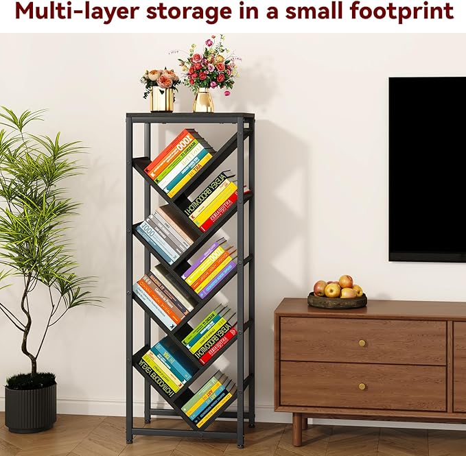 IBUYKE 9 Tier Tree Bookshelf, Floor Standing Wood Bookshelf for Narrow Space, Storage Organizer Bookcase for Books/CDs/Movies, Small Corner Bookcase for Bedroom Living Room,Black,TBC002B