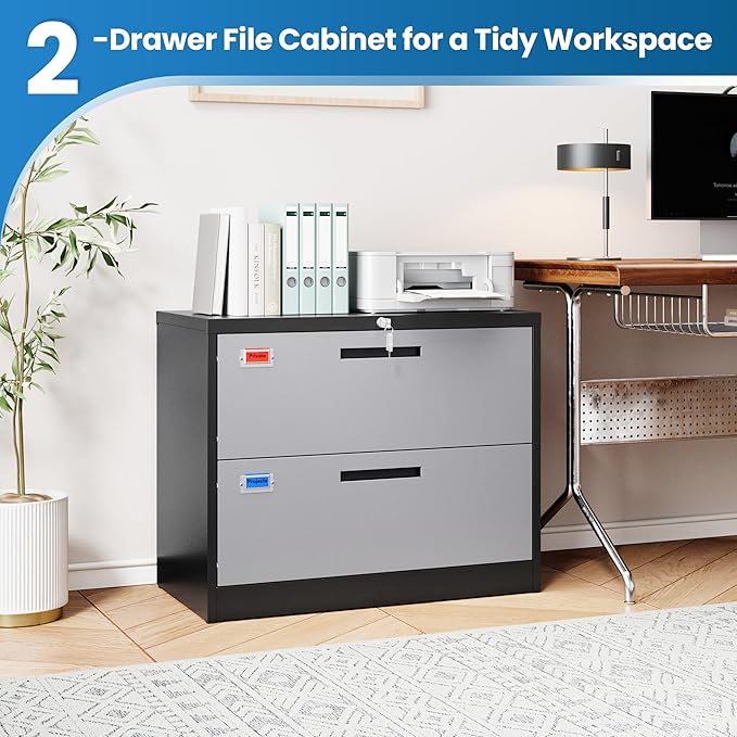 PEUKC 2 Drawer File Cabinet, Lateral Filing Cabinets for Home Office, Office Storage Drawers with Lock, Hanging Files Legal/Letter A4 Size (Assemble Required,Black Grey)