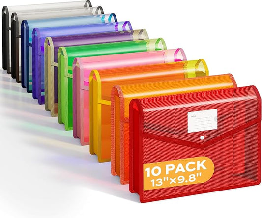 Deli 10 Pack Plastic Expanding File Folder, Folders for Documents with Snap Closure, Colorful File Folder Organizer, Transparent Accordion File Organizer, Large Capacity, Fit Letter/A4 Size, 9 Colors