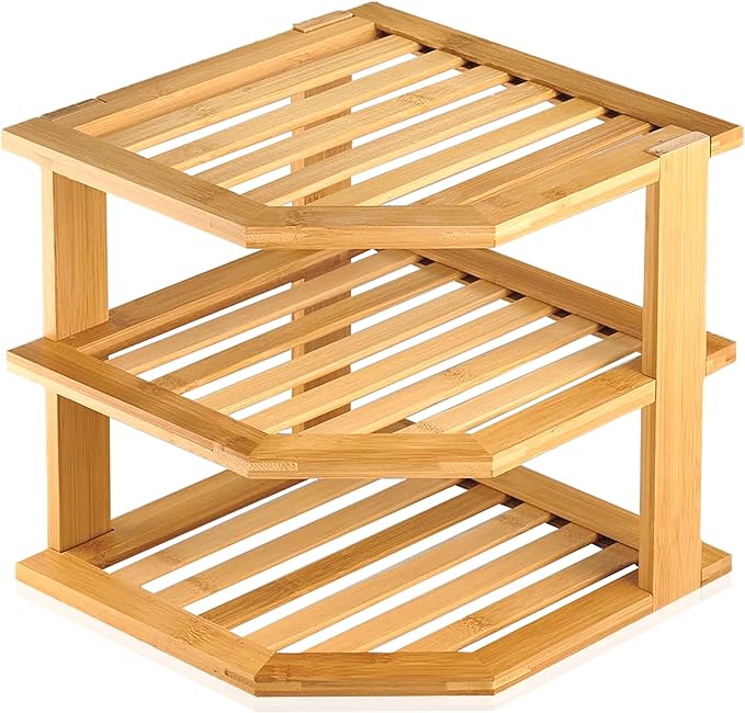 RoyalHouse Bamboo 3-Tier Corner Shelf Organizer for Countertop & Kitchen Cabinet, Space Organizer for Kitchen and Bathroom