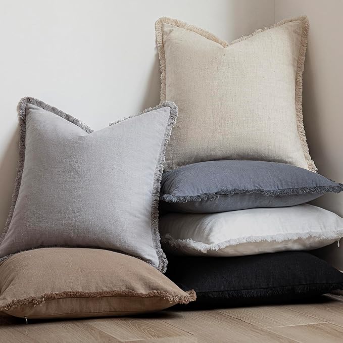 Foindtower Set of 2 Decorative Linen Fringe Throw Pillow Covers Cozy Farmhouse Cushion Cover with Tassels Accent Pillowcase for Couch Chair Sofa Bed Living Room Home Decor,24×24 Inch,Light Rustic Gray
