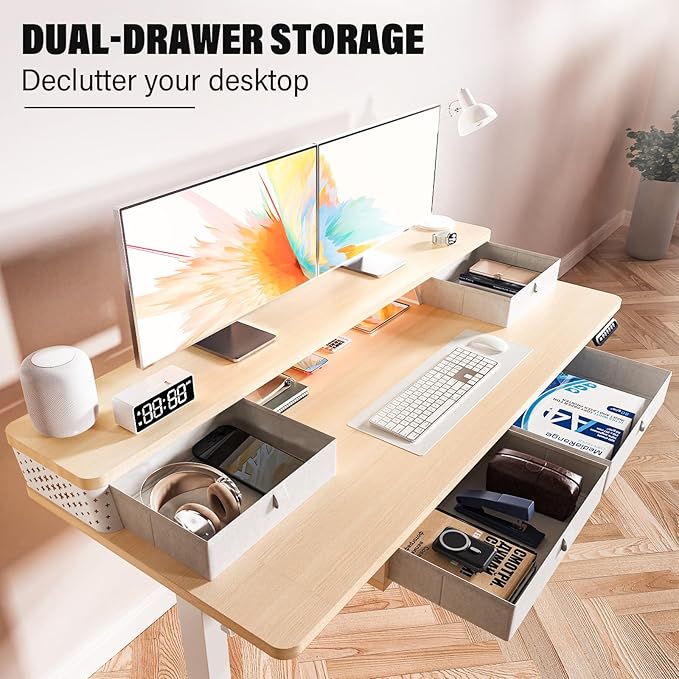 Kingant 40 x 24 Inch Electric Standing Desk with 4 Drawers, Height Adjustable Sit to Stand Computer Desk with Storage Shelf and C-Clamp Mount Compatibility for Home Office, Nature